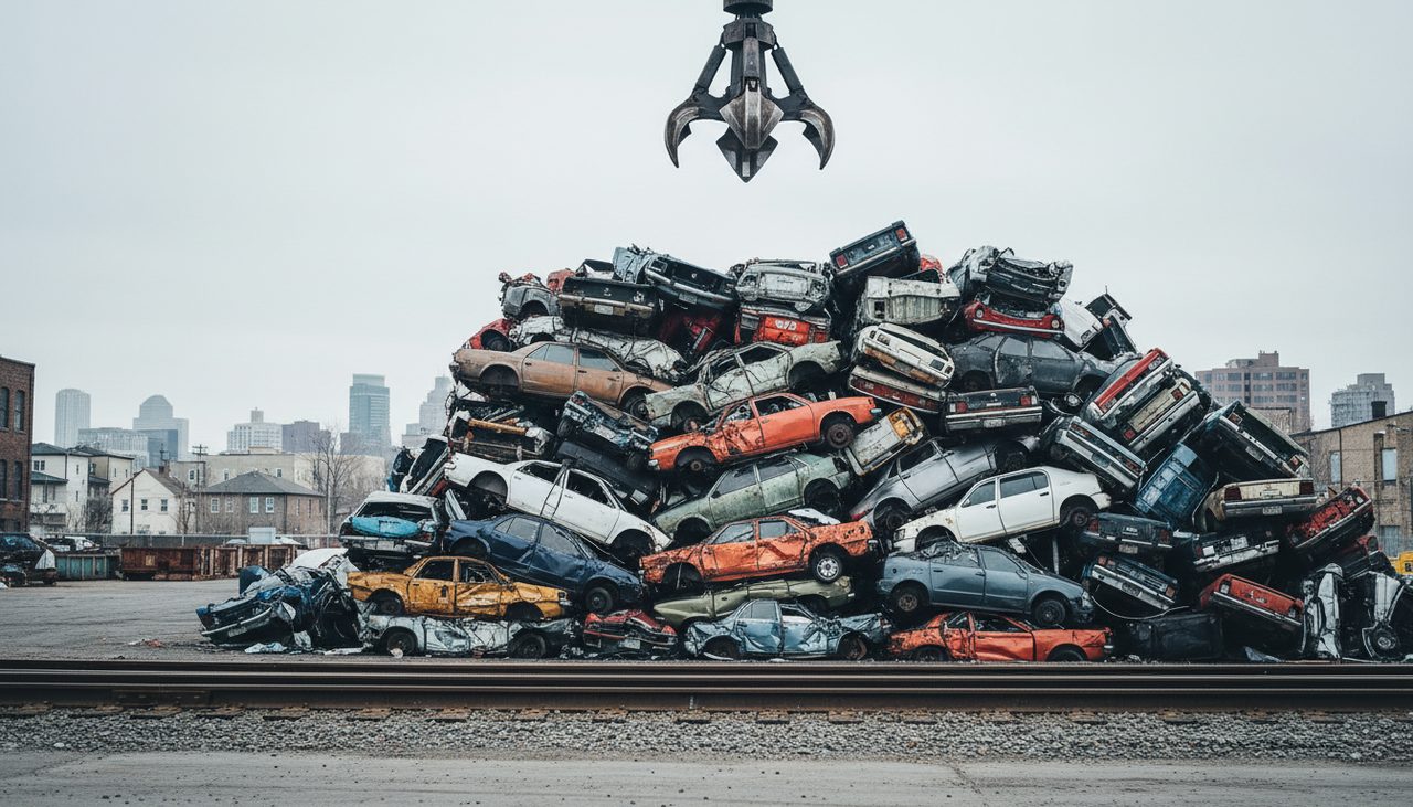 Stacked crushed cars at a scrap yard beneath a crane claw on an overcast day.
