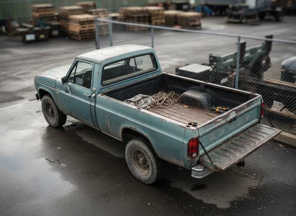 A faded teal single-cab pickup with a rusted bed and the tailgate down, a coil of rope inside, standing on a wet yard beside stacked pallets and a chain-link fence
