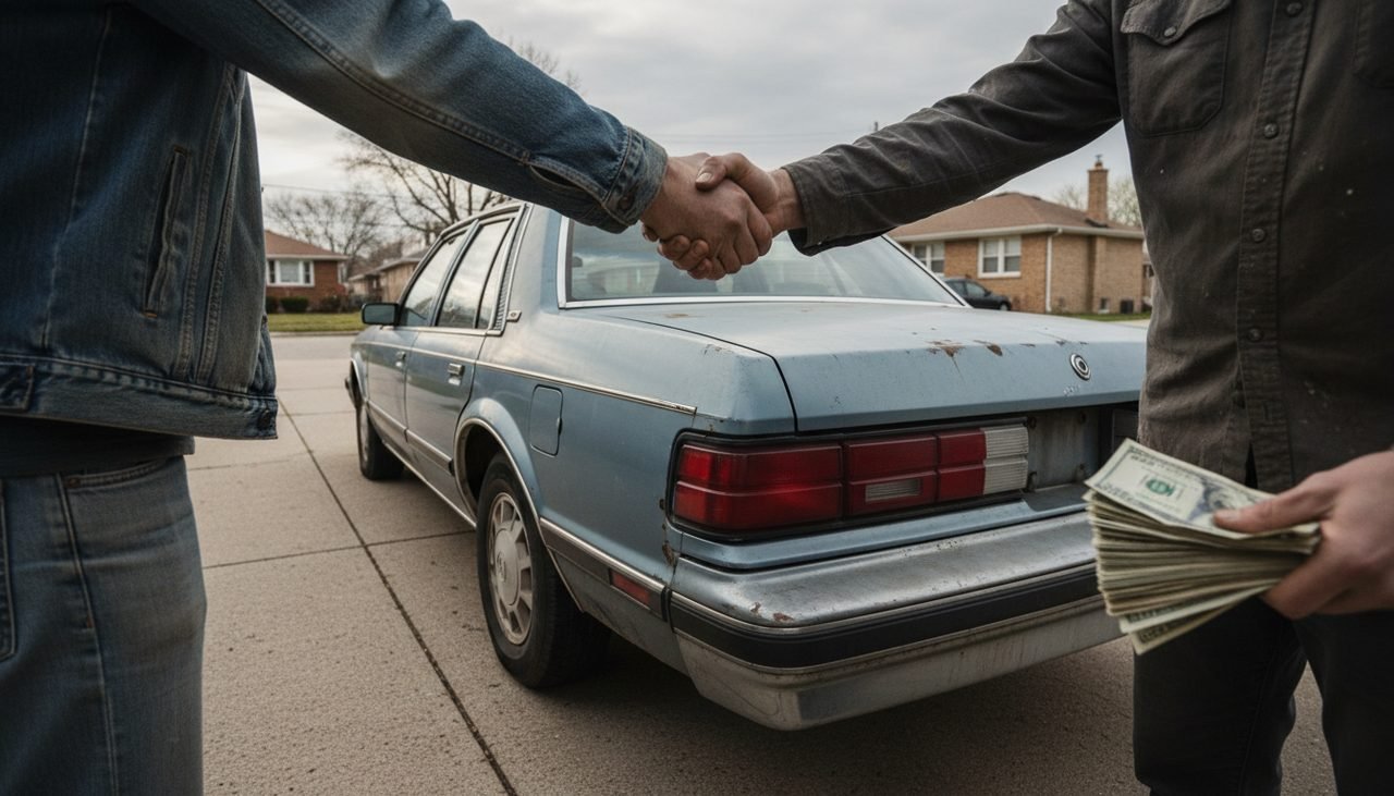 Two people shaking hands over the back of an older sedan, with folded cash held ready below.