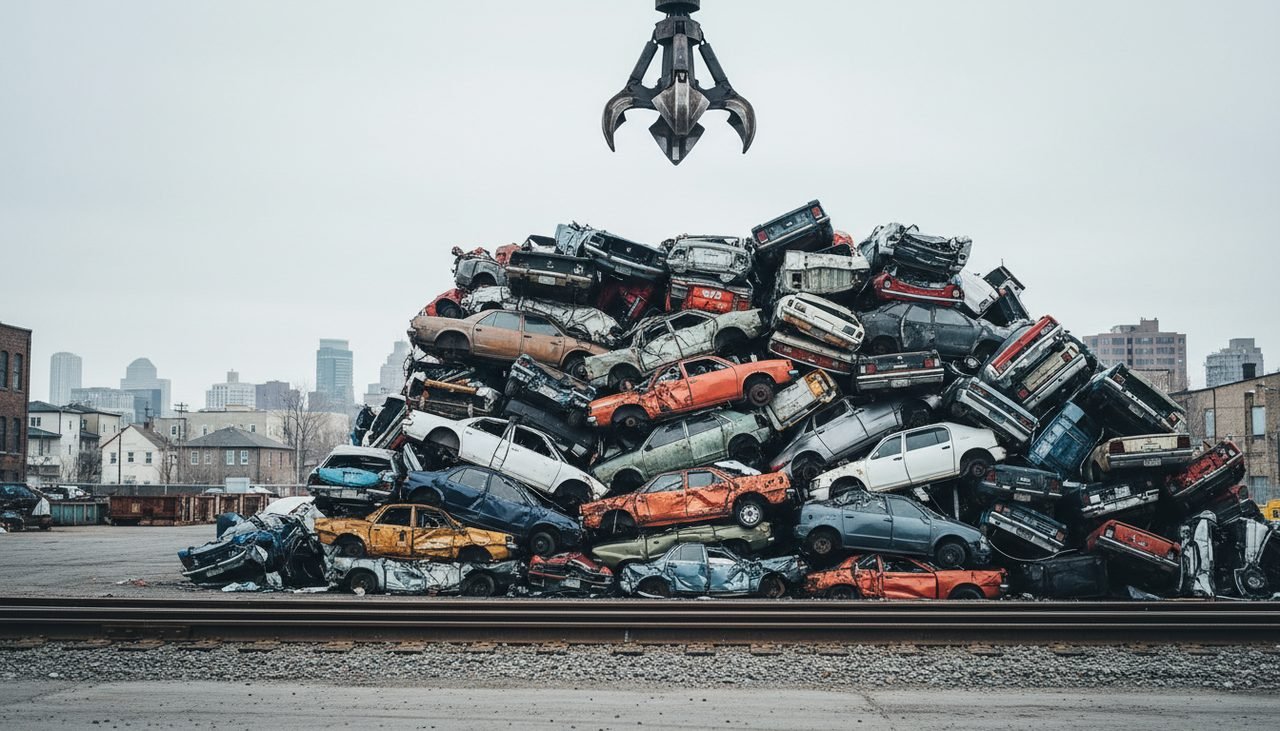 Stacked crushed cars at a scrap yard beneath a crane claw on an overcast day.