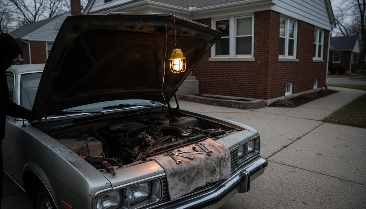 An older sedan with its hood raised in a residential driveway, work light hanging and tools laid out.