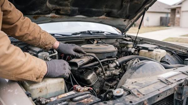 Work-gloved hands reaching into the open engine bay of an older car